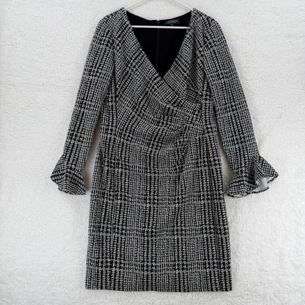 Lauren Ralph Lauren Dress Womens 16 Black‎ White Plaid Wrap Bell Sleeve Sheath